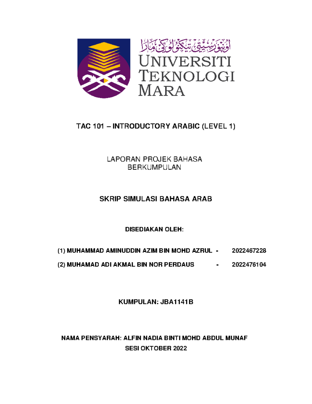 Cover PAGE Skrip TAC 123 - TAC 101 – INTRODUCTORY ARABIC (LEVEL 1 ...
