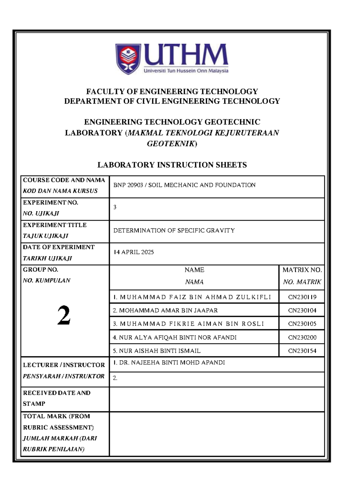 LAB REPORT: DETERMINATION OF SPECIFIC GRAVITY (BNP 20903) - Studocu