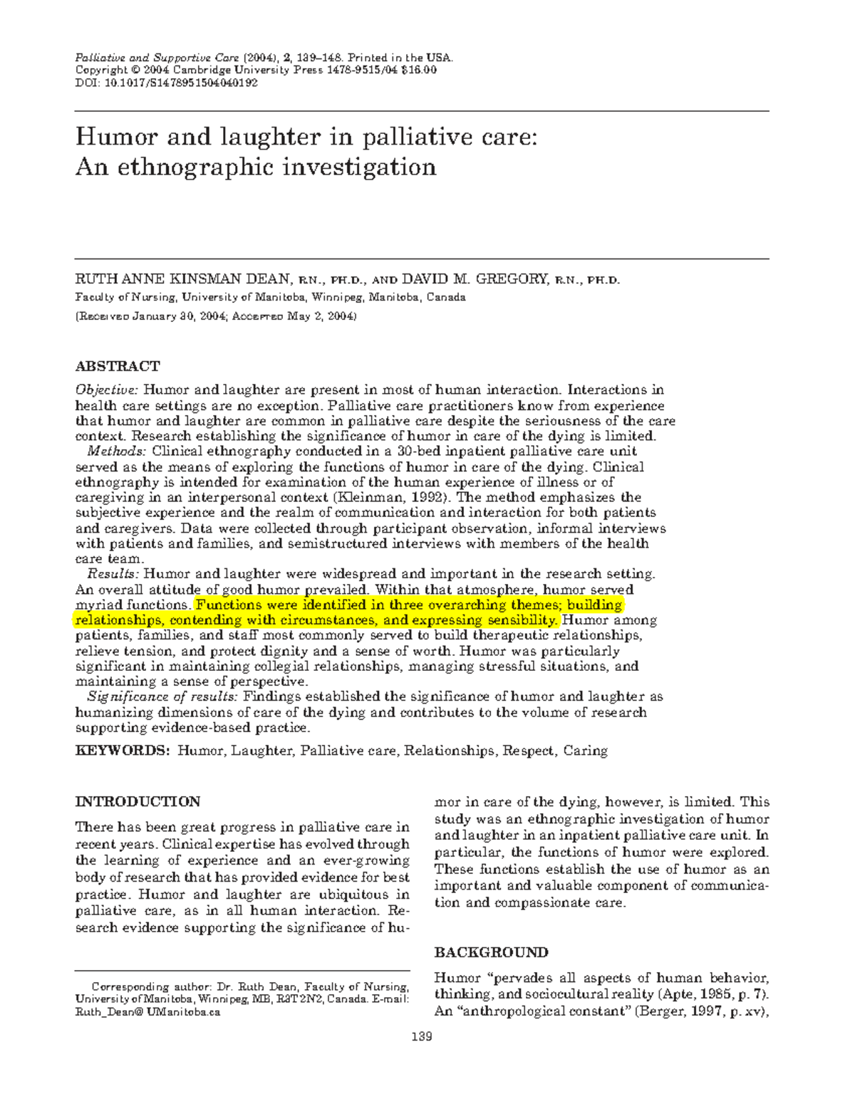 Humor & Laughter in Palliative Care: An Ethnographic Study (NURS 202 ...