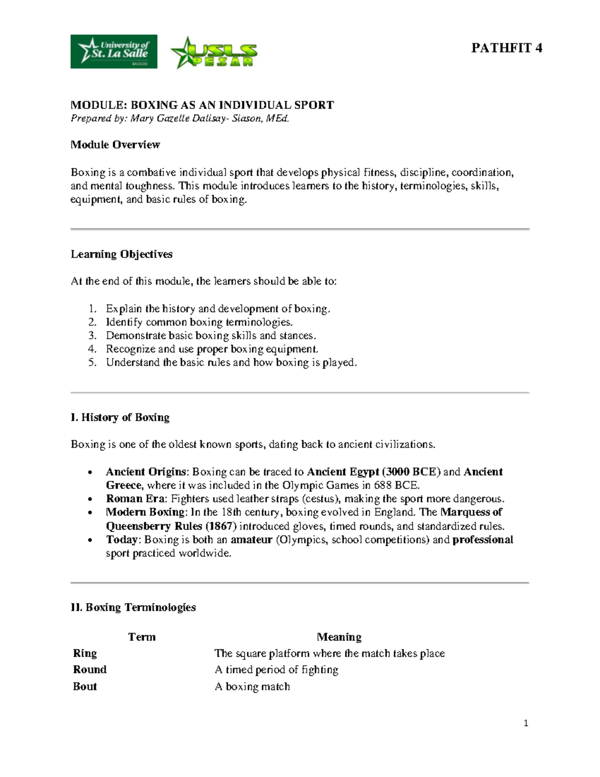 PATHFIT 4 MODULE: INTRODUCTION TO BOXING AS AN INDIVIDUAL SPORT - Studocu