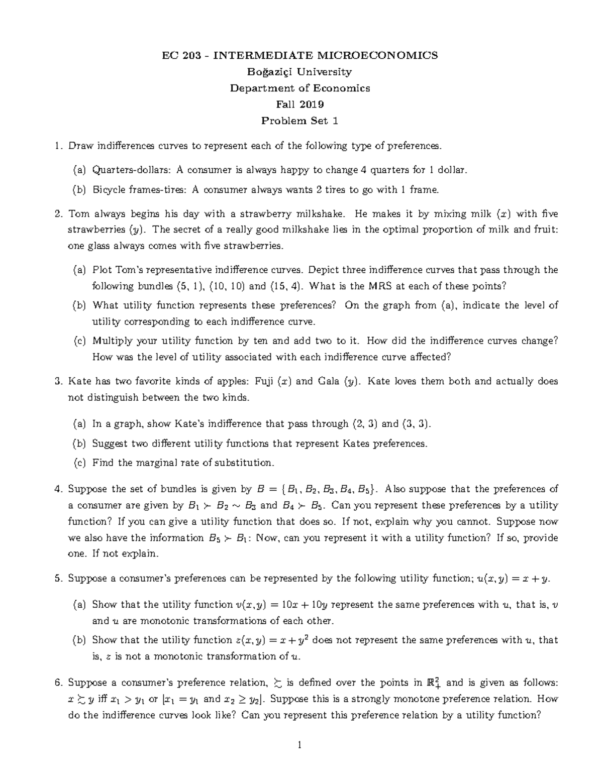 EC203 - Intermediate Microeconomics Problem Set 1 Solutions - Studocu