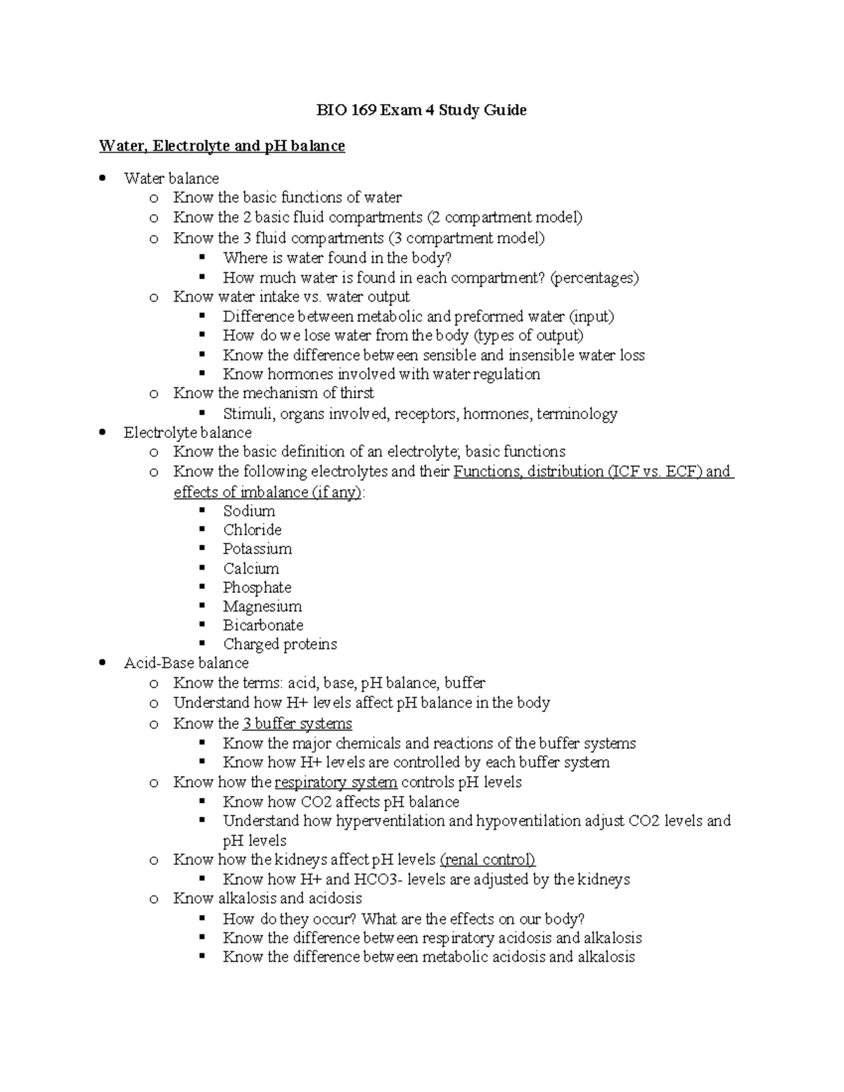 BIO 169 Exam 4 Study Guide: Water, Electrolytes, and pH Balance - Studocu
