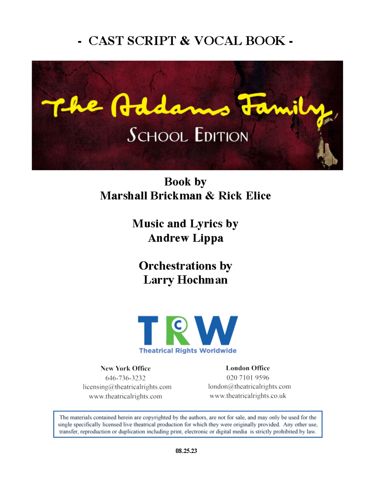 The Addams Family CAST SCRIPT & VOCAL BOOK (Music by