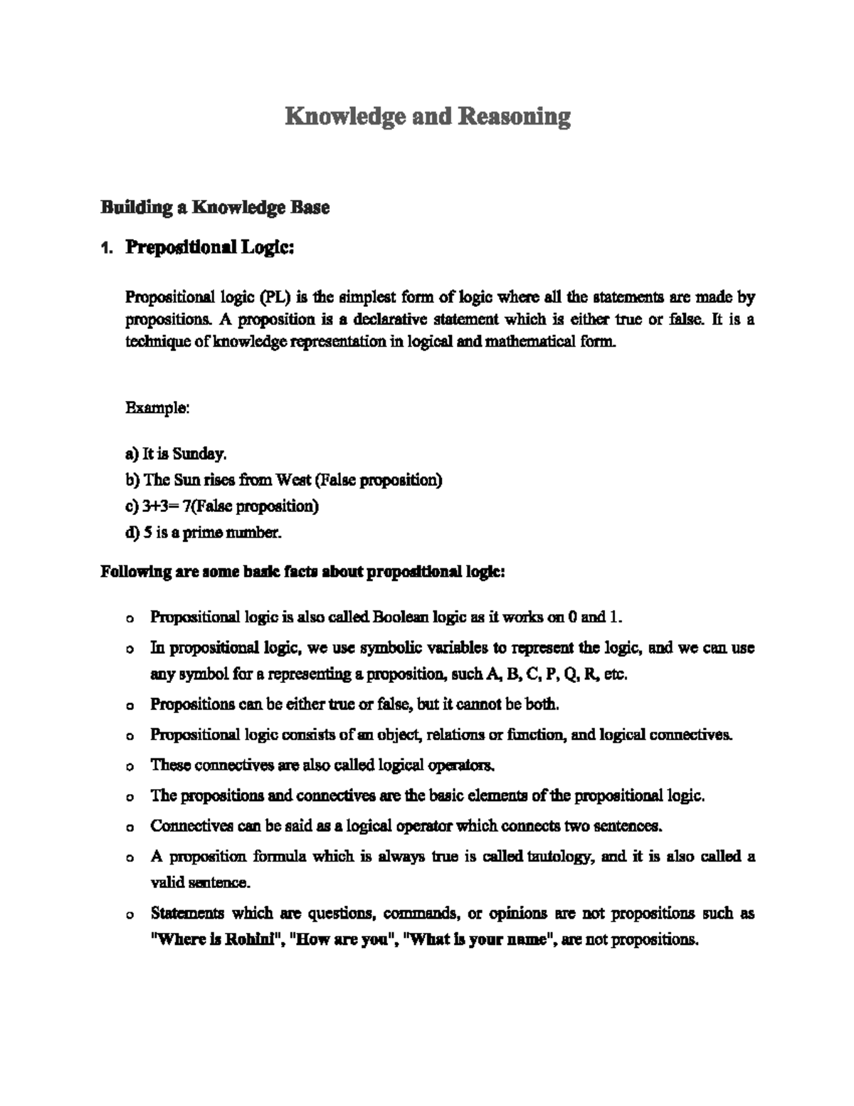 Knowledge Base and Propositional Logic: AI Unit 3 Overview - Studocu