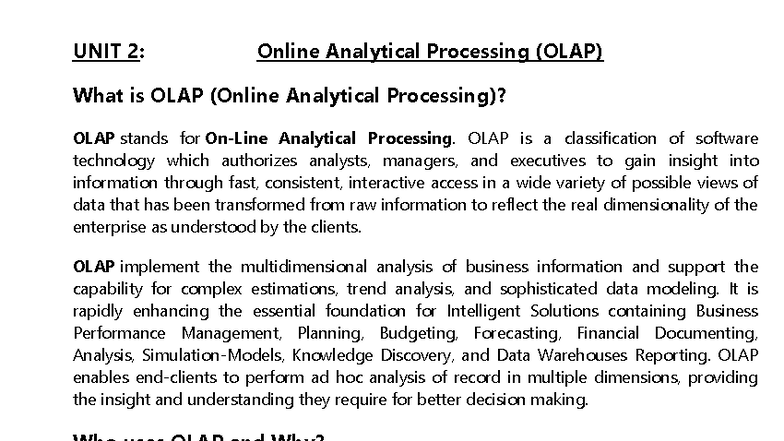 UNIT 2: Understanding Online Analytical Processing (OLAP) - Studocu