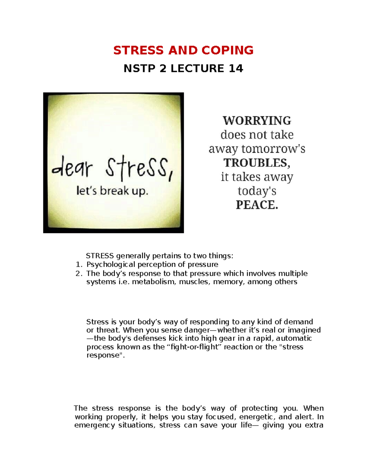 NSTP 2: Lecture 14 - Understanding Stress and Coping Mechanisms - Studocu