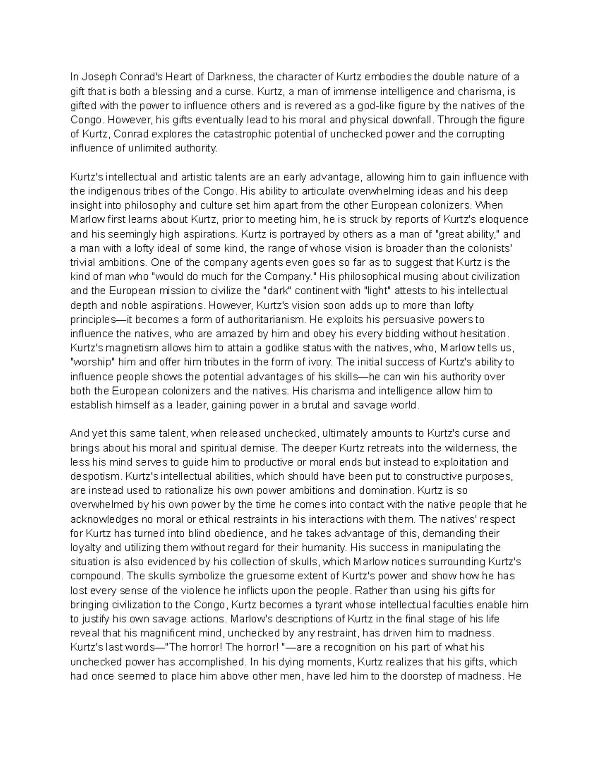 1Lit Practice Essay: The Rise and Fall of Kurtz in Heart of Darkness ...
