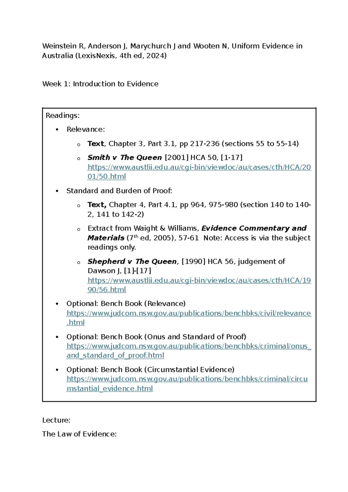 Week 1 - LLB3301 - Evidence WK 3 Lecture Notes - Weinstein R, Anderson ...