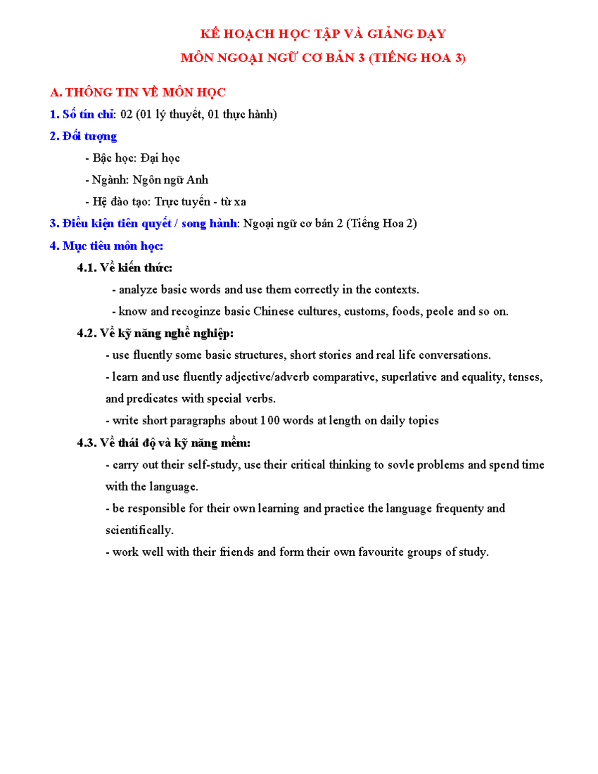 Chinese 3 - Learning and teaching plan - KẾ HOẠCH HỌC TẬP VÀ GIẢNG DẠY ...