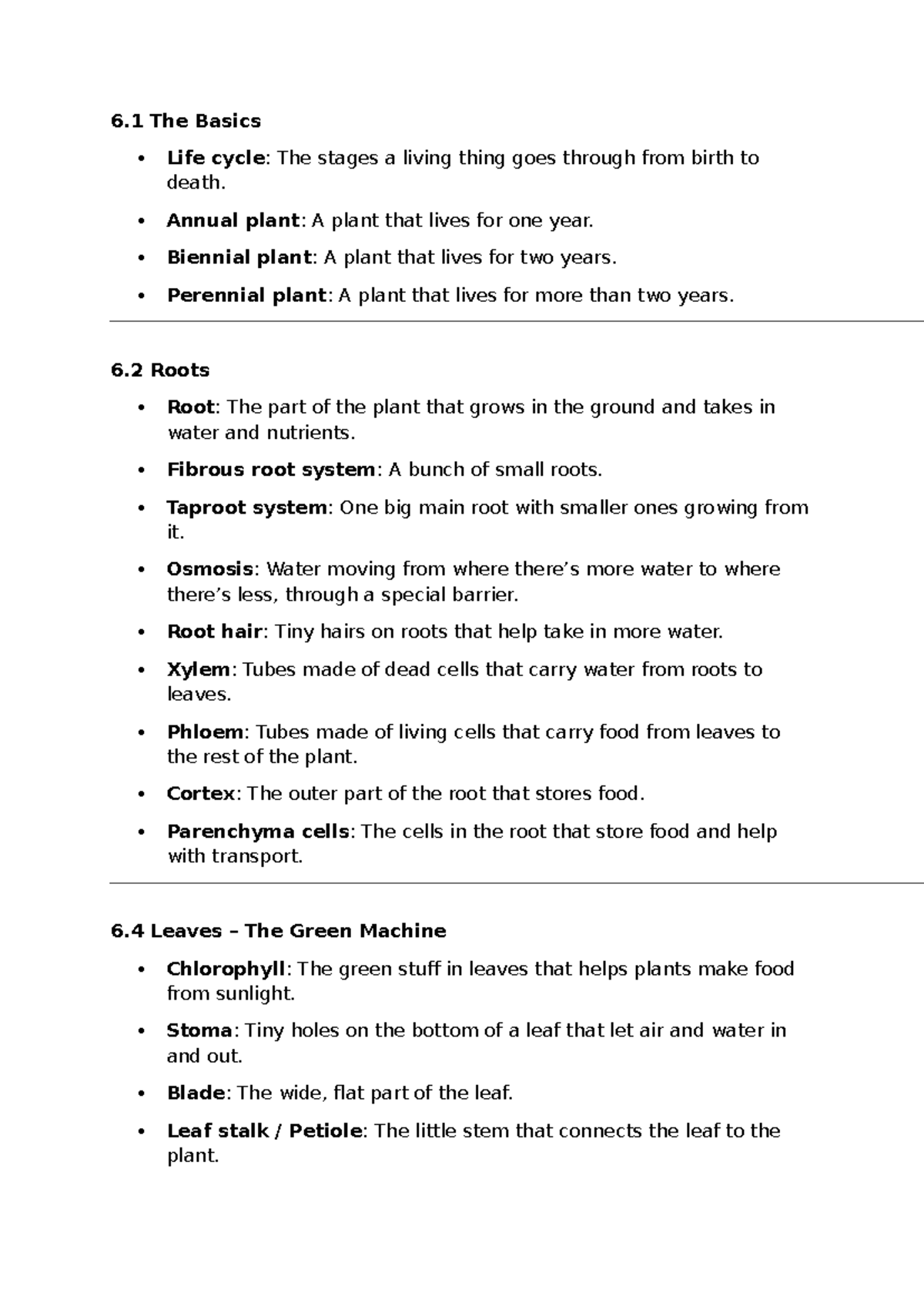 Biology Keywords: Life Cycle, Roots, and Leaves (6.1-6.2-6) - Studeersnel