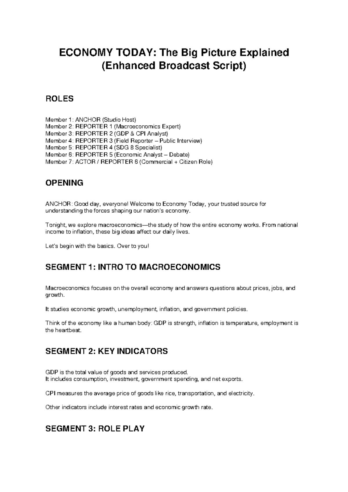 ECON 101: Economy Today Full Broadcast Script Analysis - Studocu