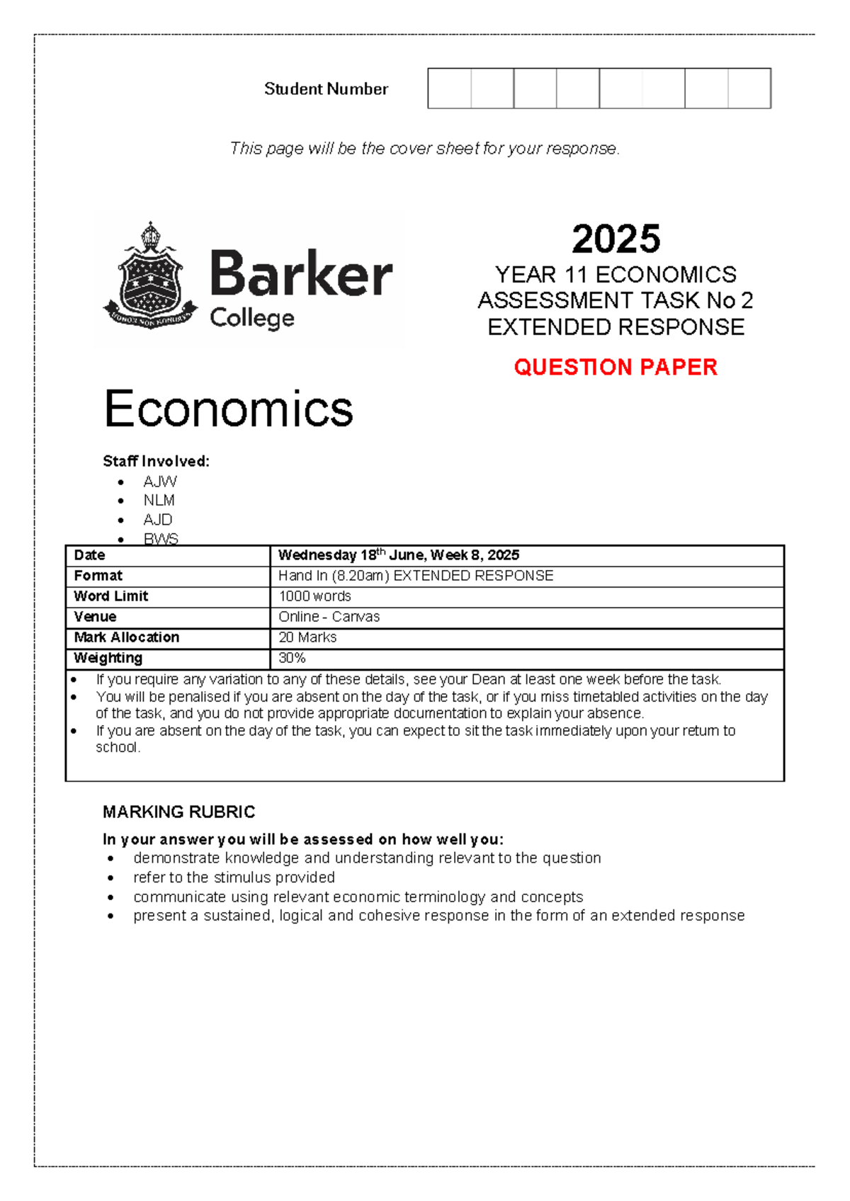 2025 Year 11 Economics AT2 Extended Response Question Paper - Studocu
