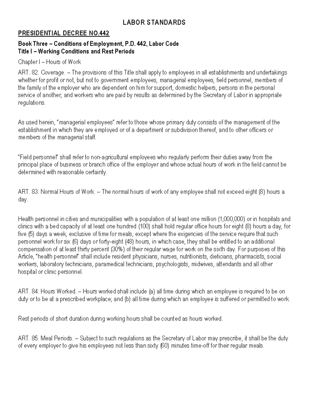 Labor Standards - Lecture Notes on P.D. 442 and Employment Conditions ...