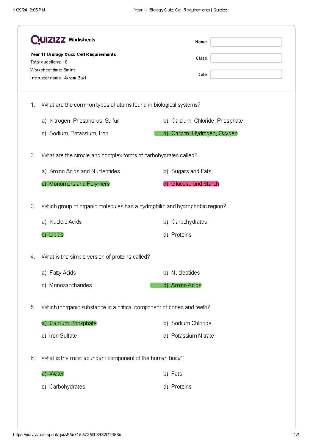 Year 11 Biology Quiz CBL#13: Key Concepts of Cell Requirements - Studocu