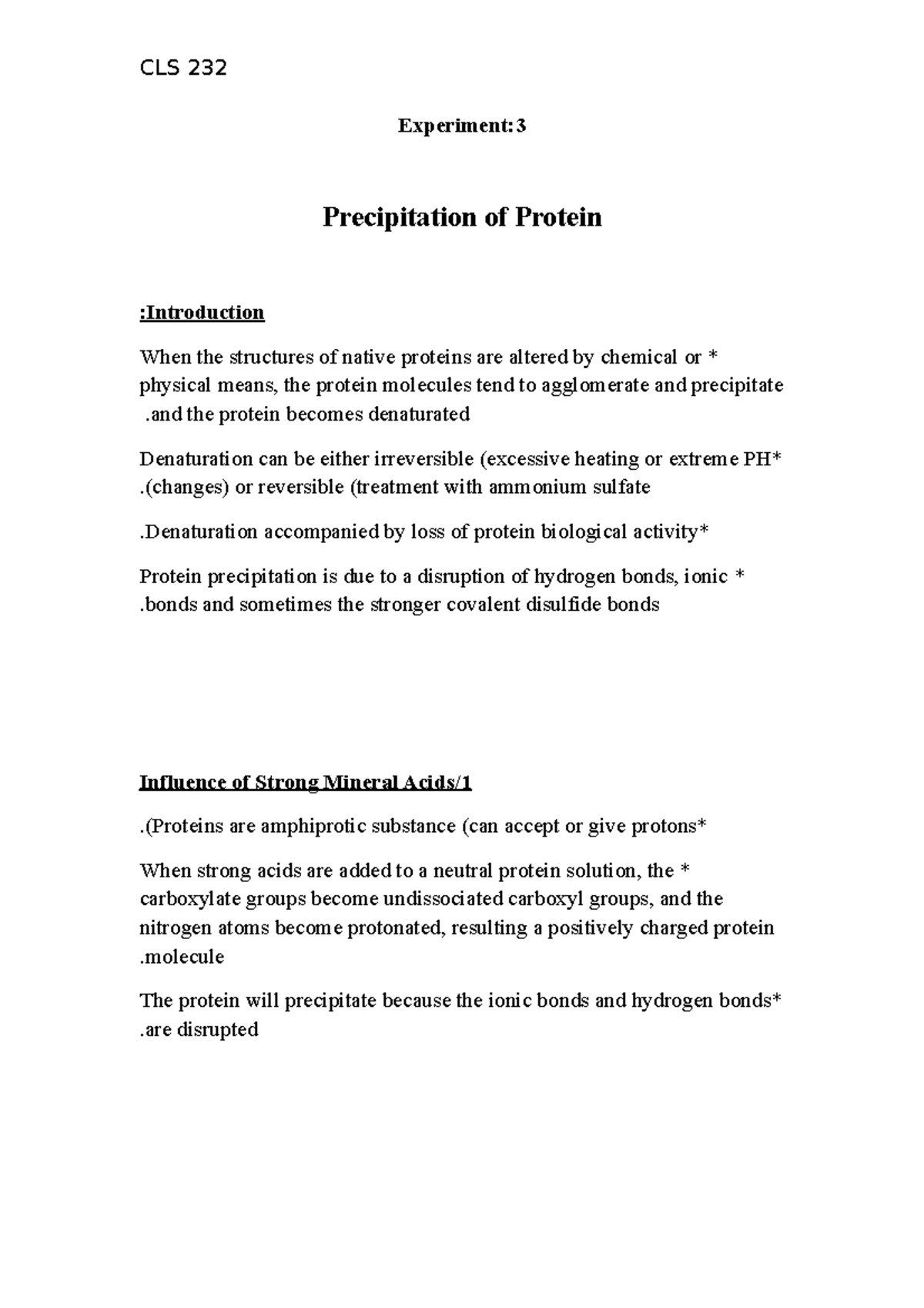 CLS 232 - Experiment 3: Summary of Protein Precipitation Methods - Studocu