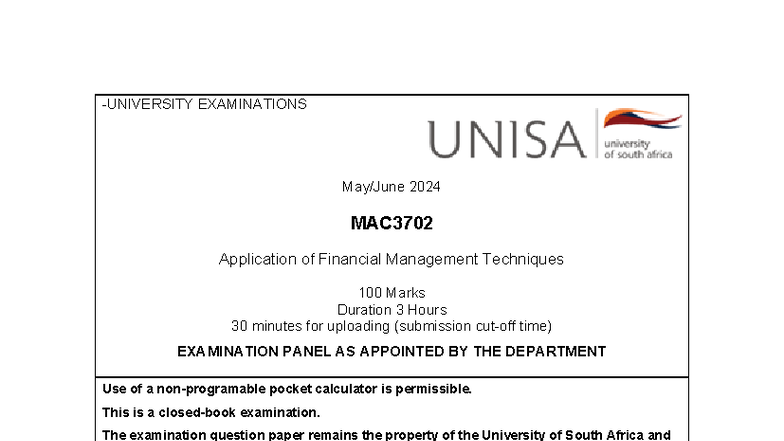 MAC3702 Final Exam: Financial Management Techniques Questions 2024 ...