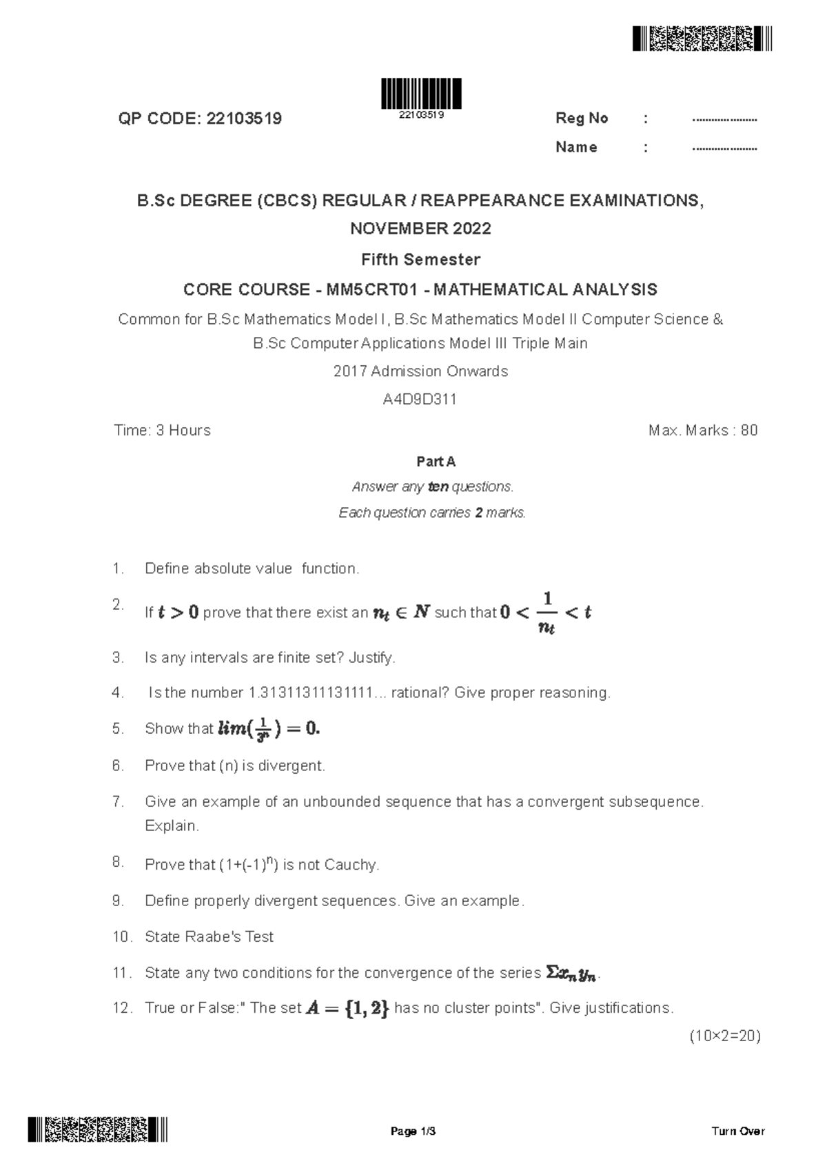 B.Sc. Mathematics 5th Sem Core Course MM5CRT01 Mathematical Analysis ...