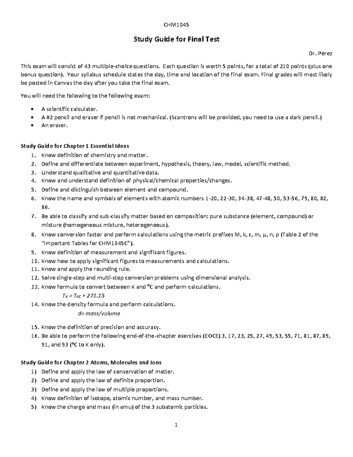 CHM1045 Study Guide for Final Test - Studocu