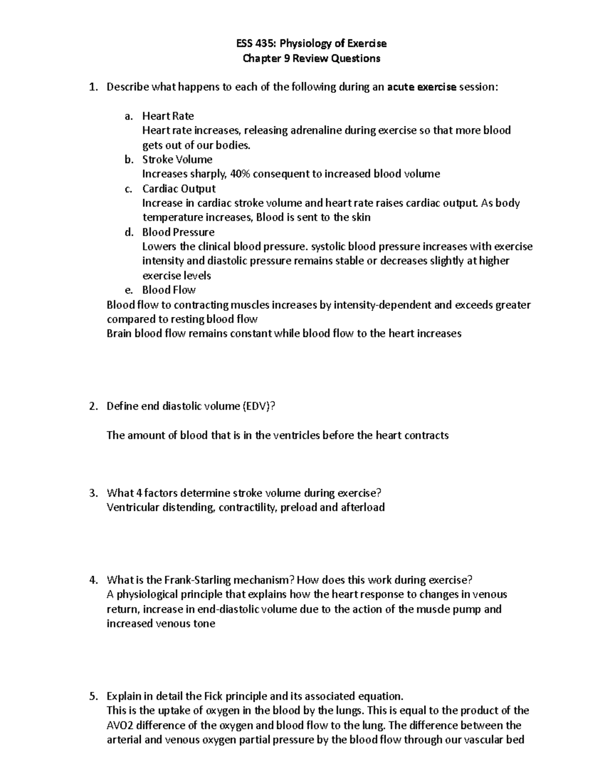 ESS 435 - Review Questions on Chapter 9: Exercise Physiology - Studocu