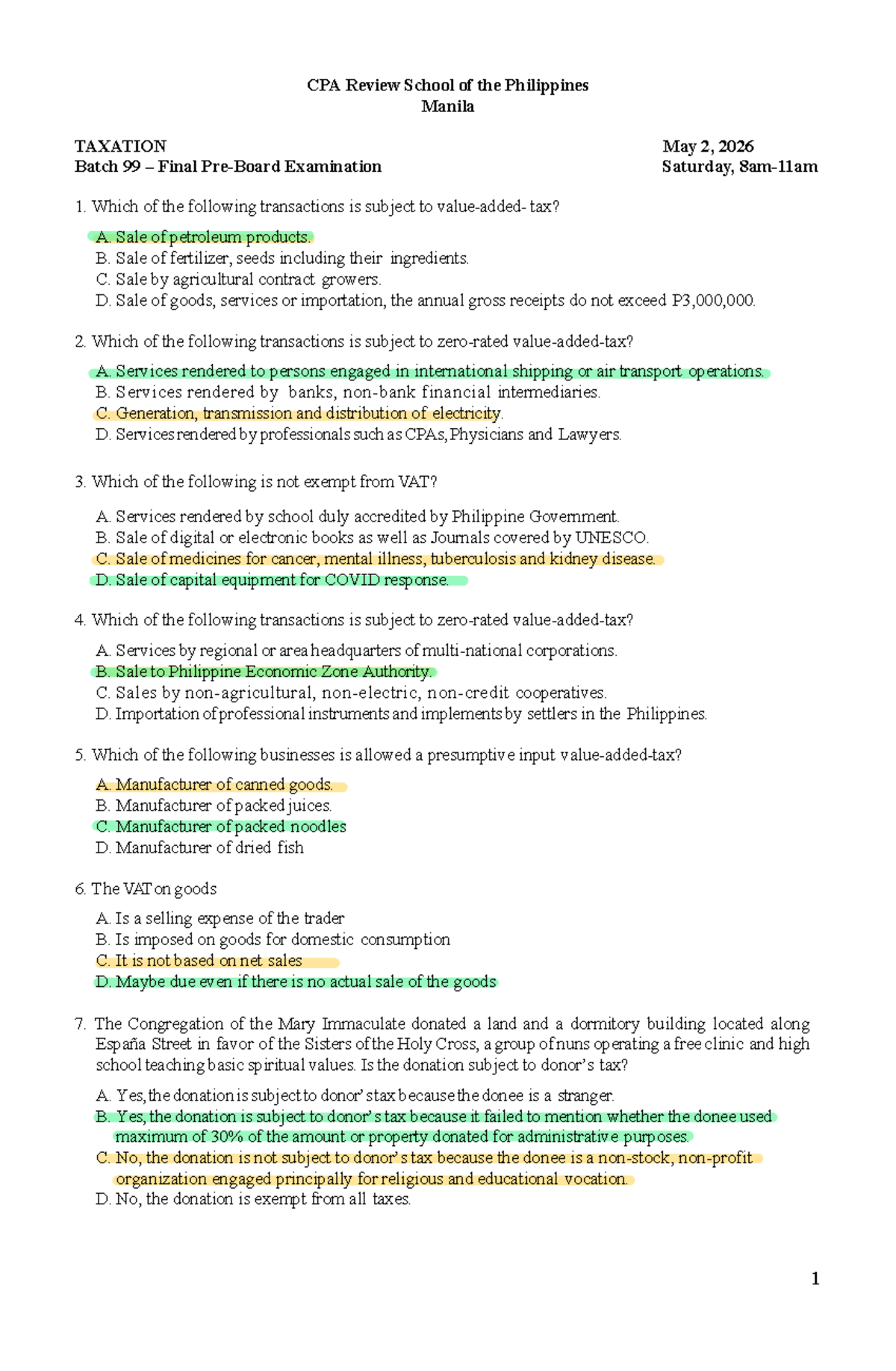 CPA Review: Taxation Batch 99 Final Exam Questions & Notes - Studocu