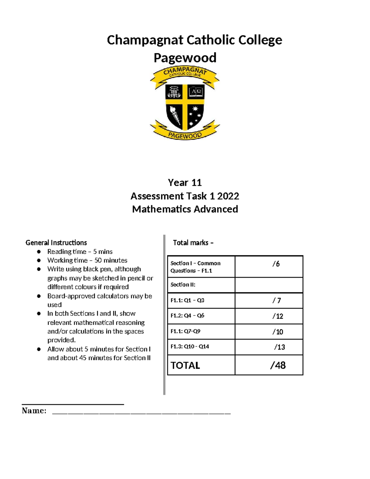 Year 11 2022 Mathematics Advanced Assessment Task 1 - Studocu