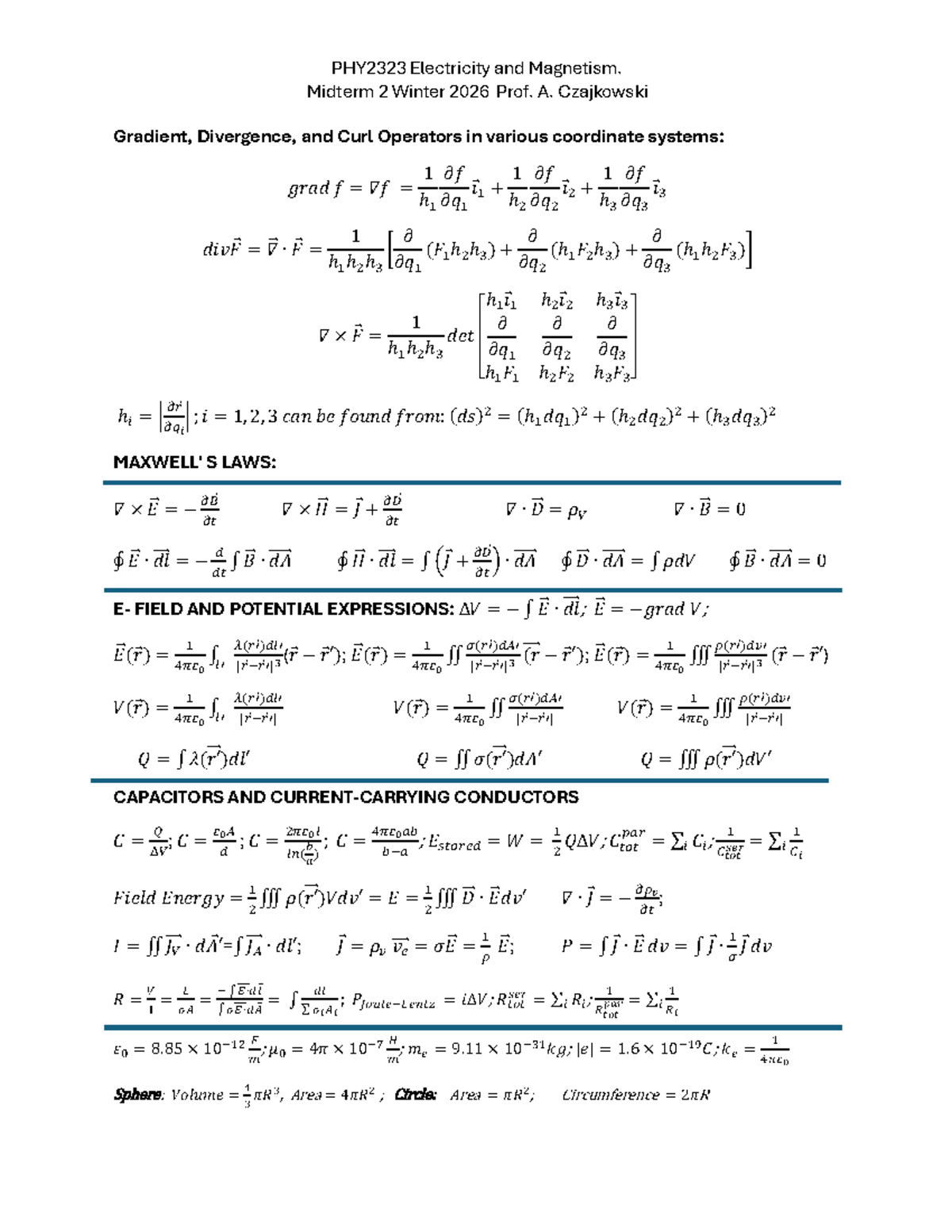 PHY2323 Electricity and Magnetism Midterm 2 Formula Sheet Winter 2026 ...