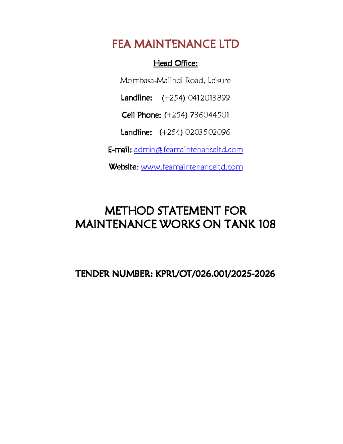 FEA Maintenance Method Statement 2025-KPRL: Tank 108 Works - Studocu