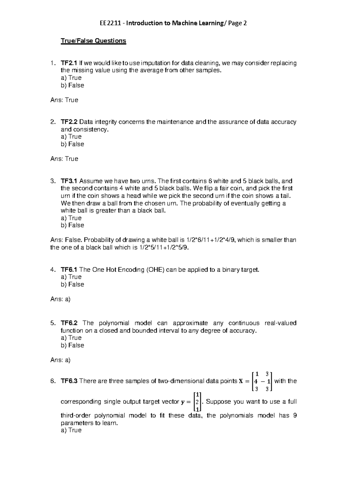 EE2211 Midterm Exam Past Paper True/False & MCQ Answers - Document Preview