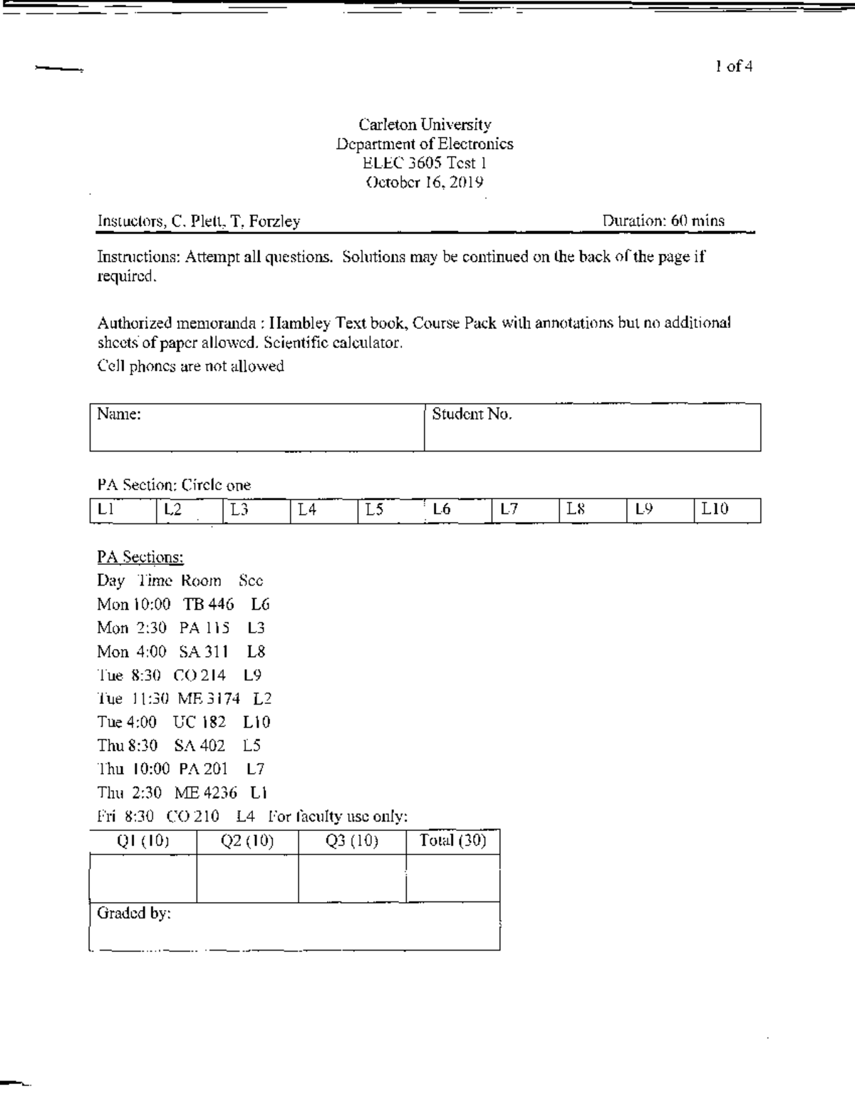 Test 1 October 2019, questions and answers - Instuctors, C. Plett, T, F ...