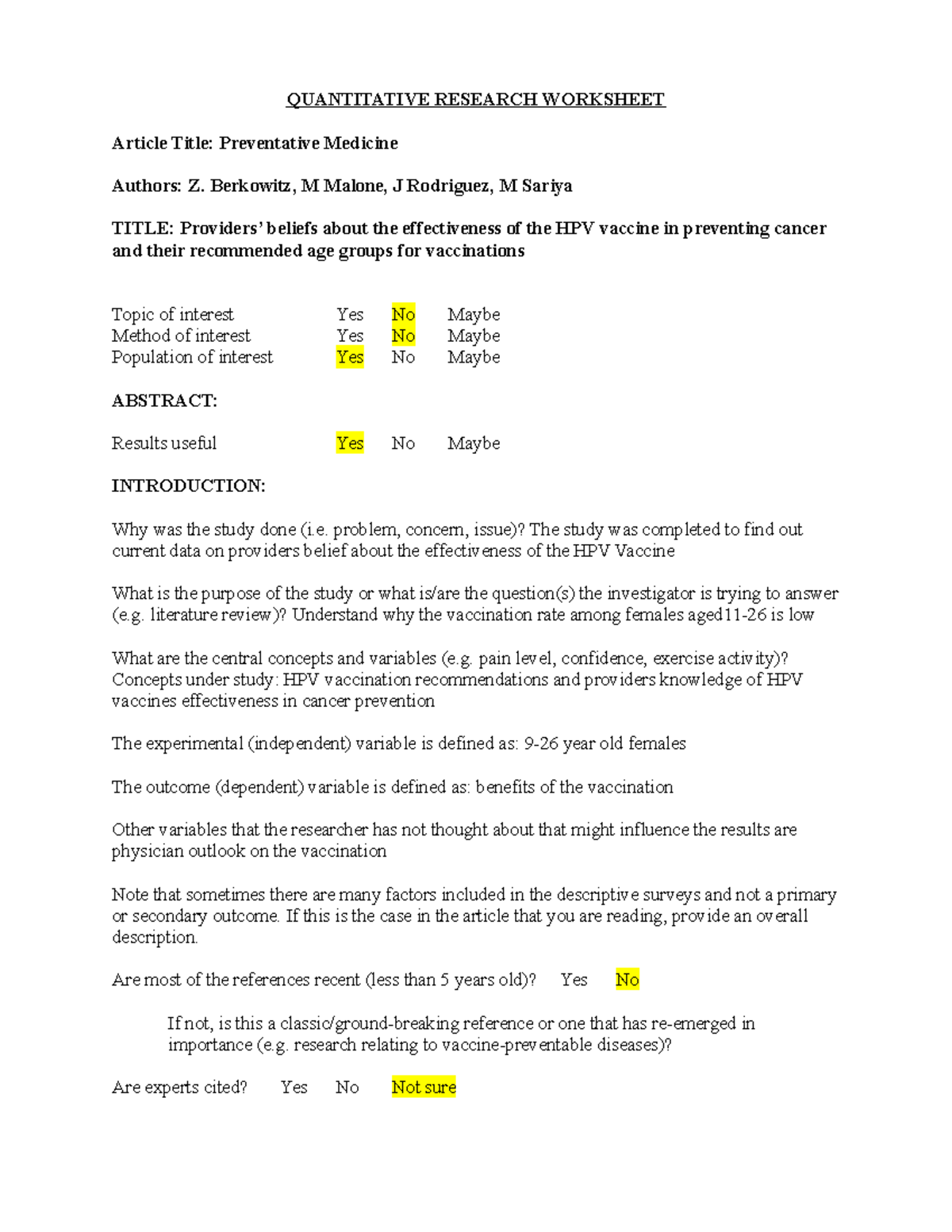 Quantitative Research Worksheet - QUANTITATIVE RESEARCH WORKSHEET ...