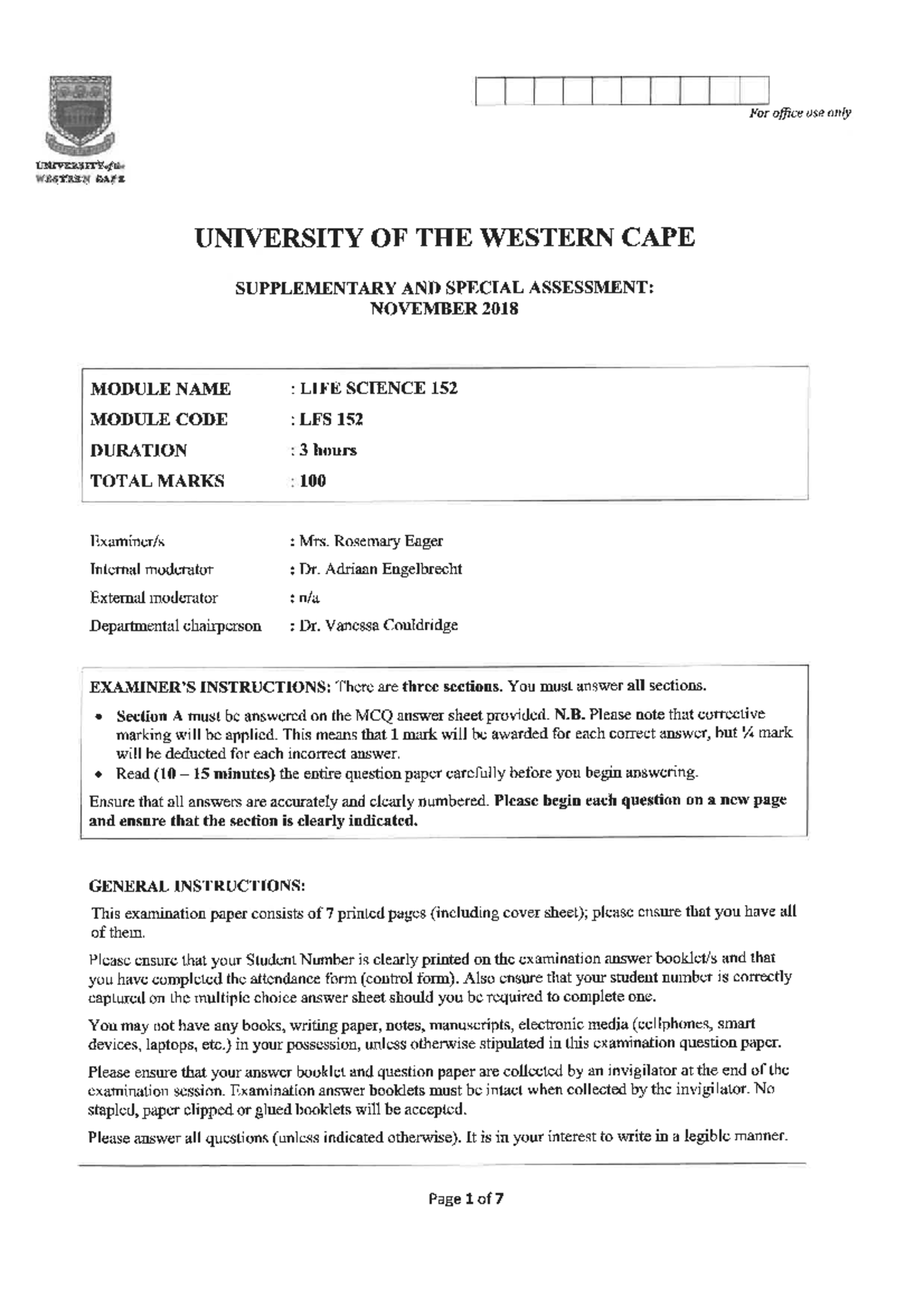 LFS 152 2018 Supplementary Exam Past Paper - Life Science 152 - Studocu