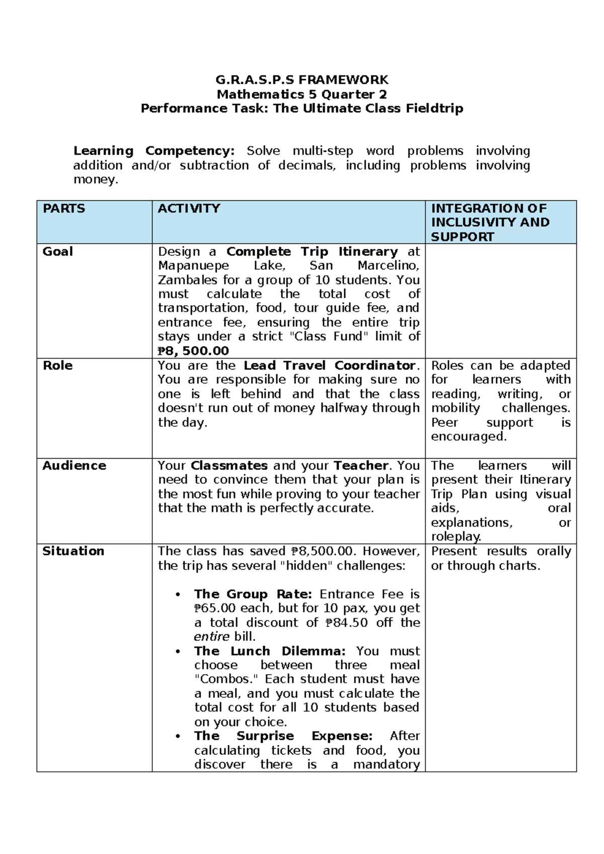 G.R.A.S.P.S Framework: Math 5 Q2 Performance Task - Class Fieldtrip ...