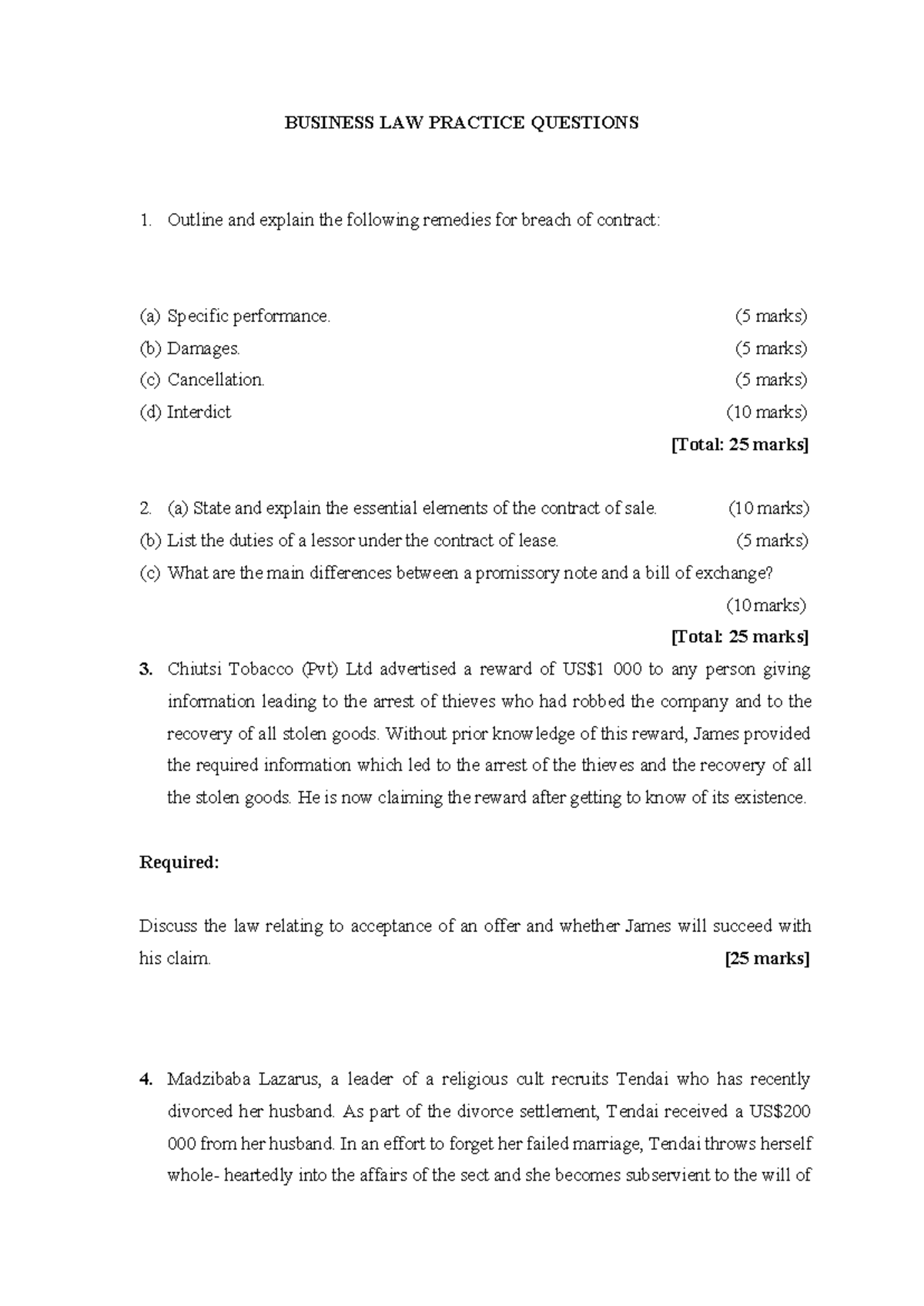 Business law practice questions - BUSINESS LAW PRACTICE QUESTIONS ...