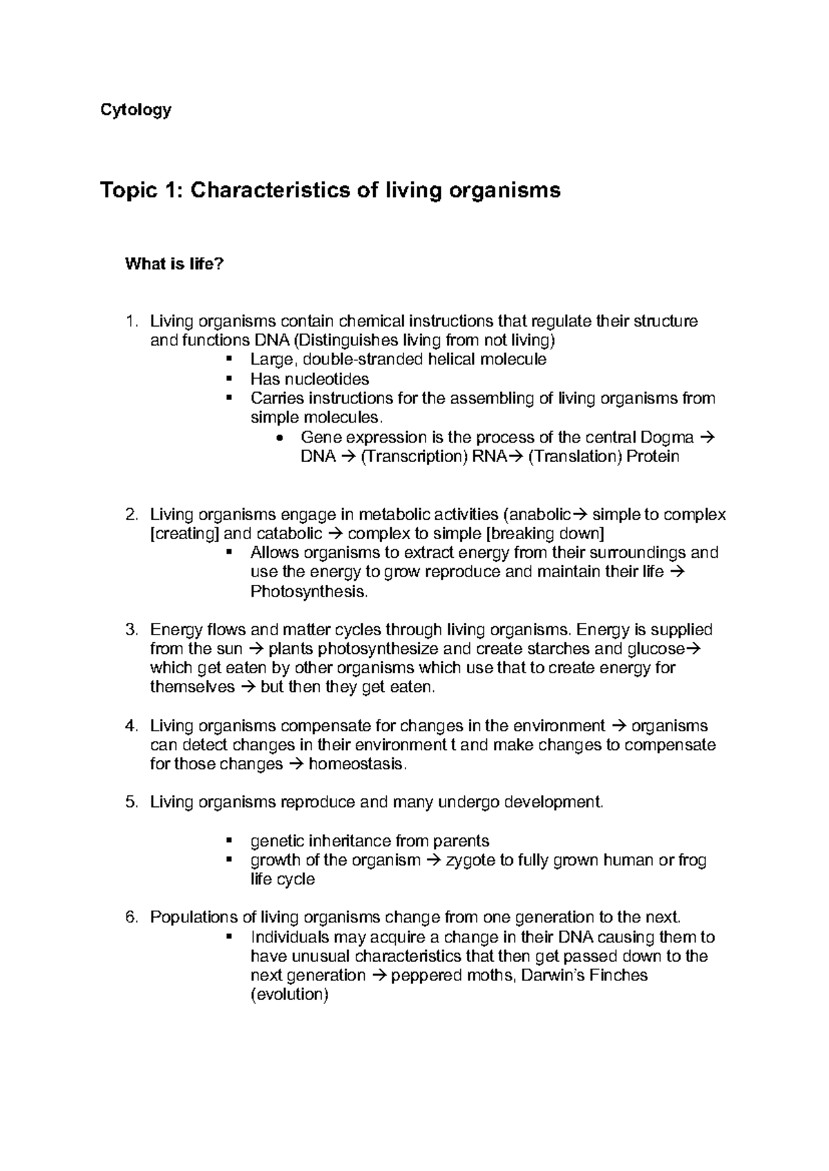 Cytology (BIO101): Characteristics of Living Organisms and Life Origins ...