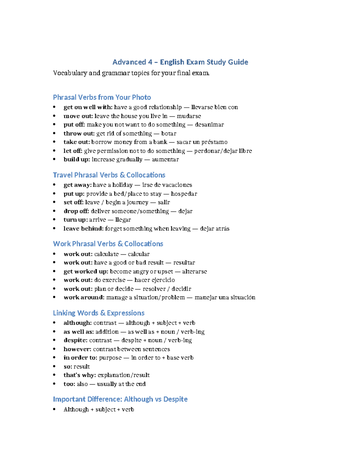 Advanced 4 English Final Exam Study Guide: Vocabulary & Grammar - Studocu