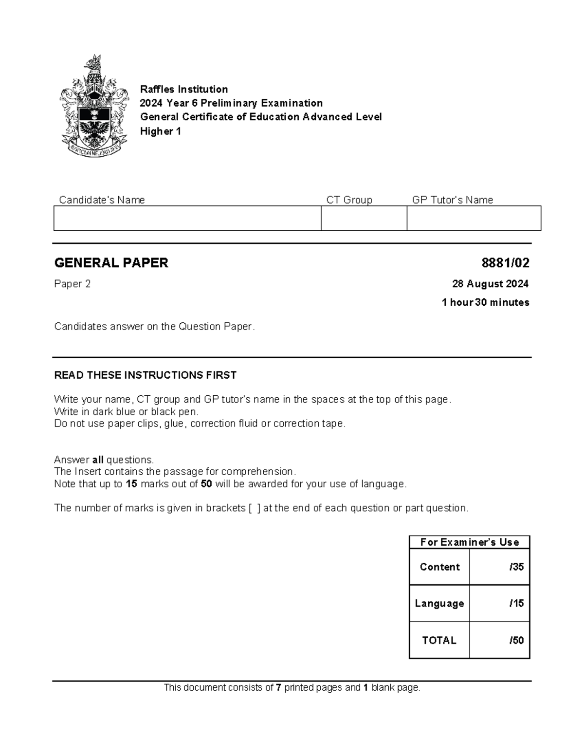 RI 2024 Year 6 Prelim Exam GP Paper 2 Answer Booklet - Studocu