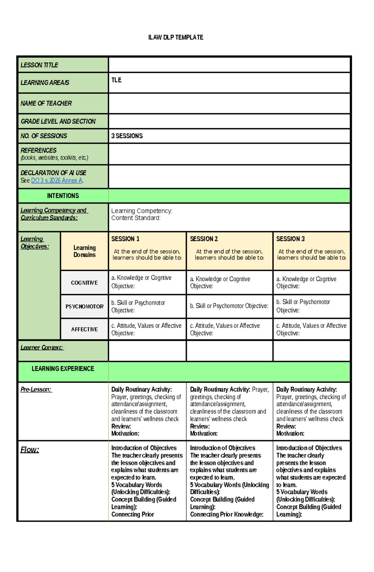 ILAW DLP Lesson Plan: 3 Sessions Overview and Objectives - Studocu