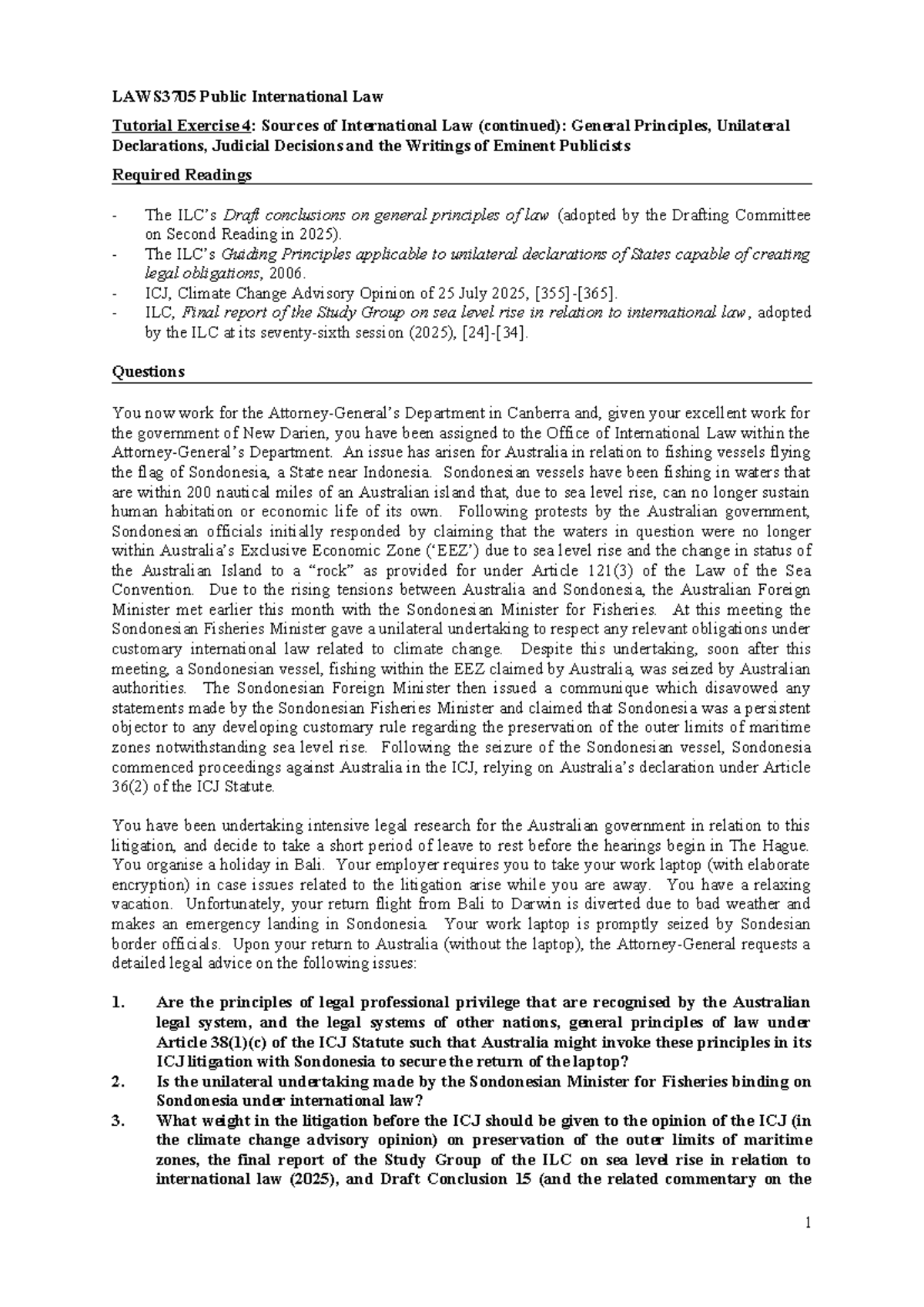LAWS3705 Public International Law Tutorial 4: Legal Issues on Sea Level ...