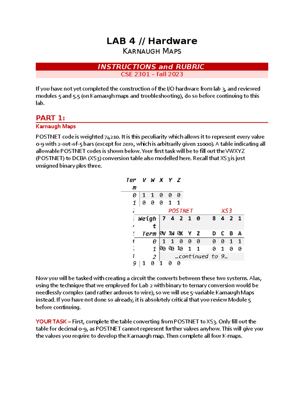 Lab 4: Karnaugh Maps & POSTNET to XS3 Conversions [CSE2301-F23] - Studocu