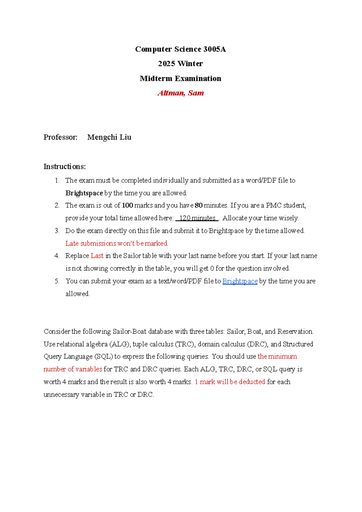 Computer Science 3005A - Winter 2025 Midterm Examination (Solved ...