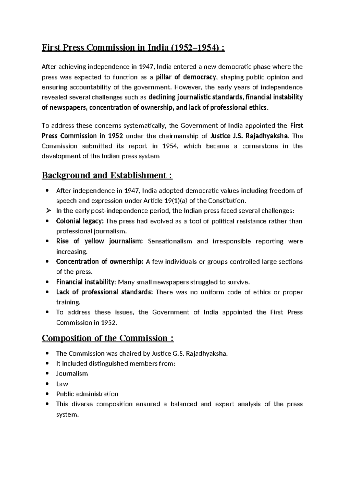 First Press Commission in India: Challenges & Reforms (1952-1954) - Studocu