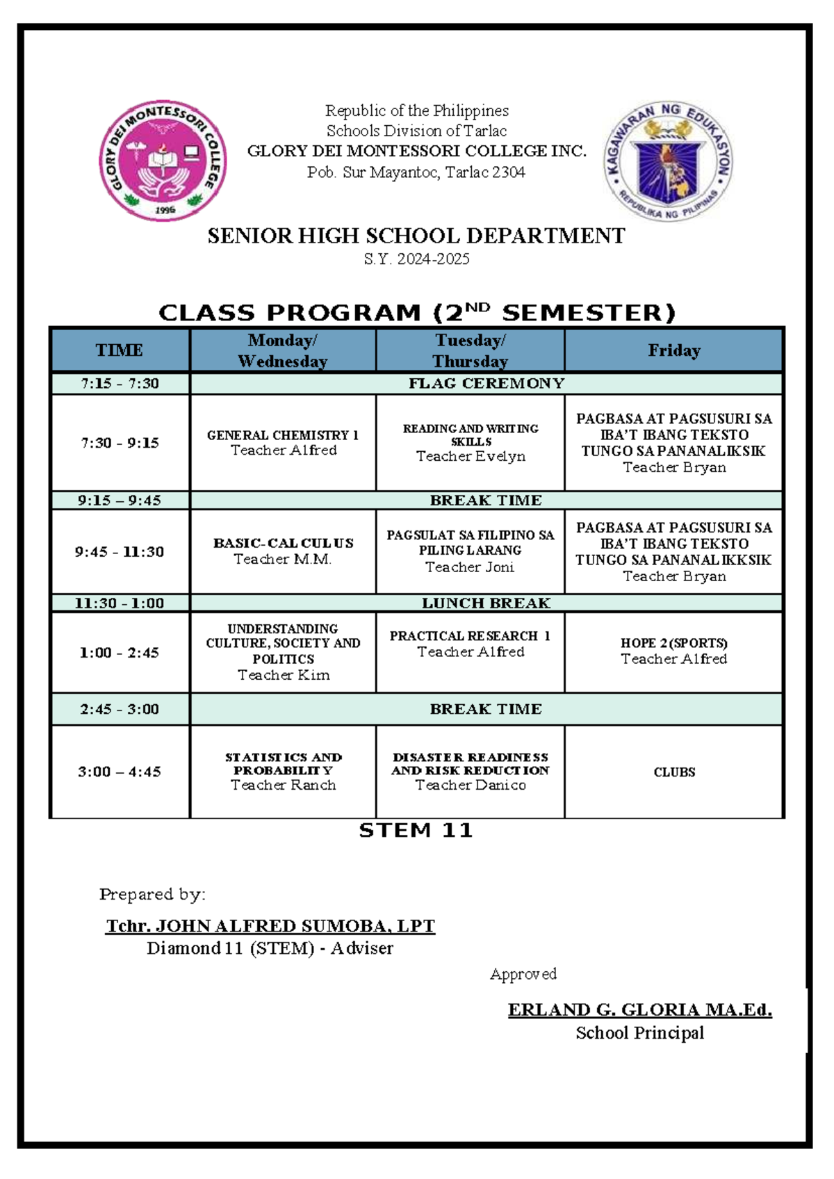 2nd Sem SHS Class Schedule (GLORY DEI MONTESSORI COLLEGE INC.) - Studocu