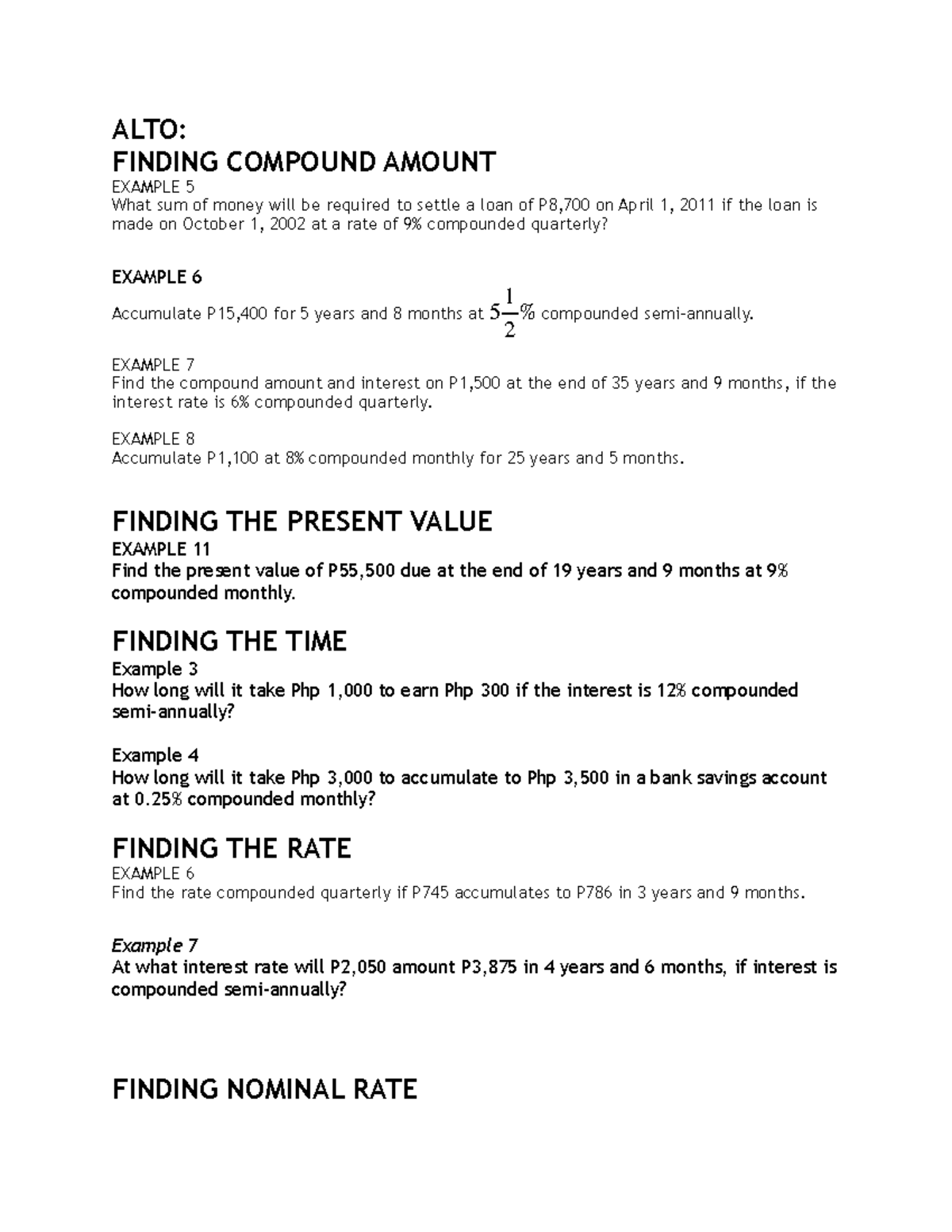 ALTO 204: Time Value of Money Practice Exercises and Examples - Studocu