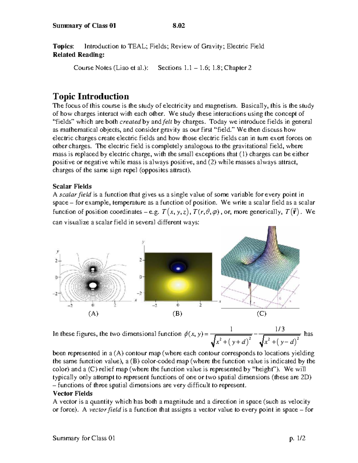 Summary of Class 01 8.02: Electric Field Concepts and Scalar Fields ...
