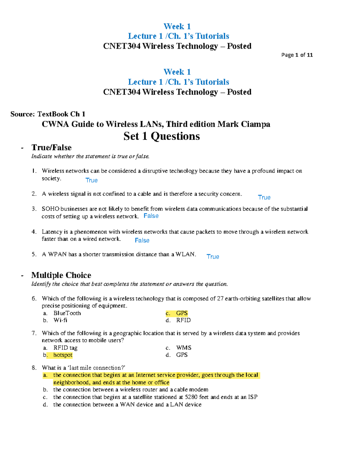 CNET304 Ch 1 Wireless Technology Tutorial Questions & Answers - Studocu