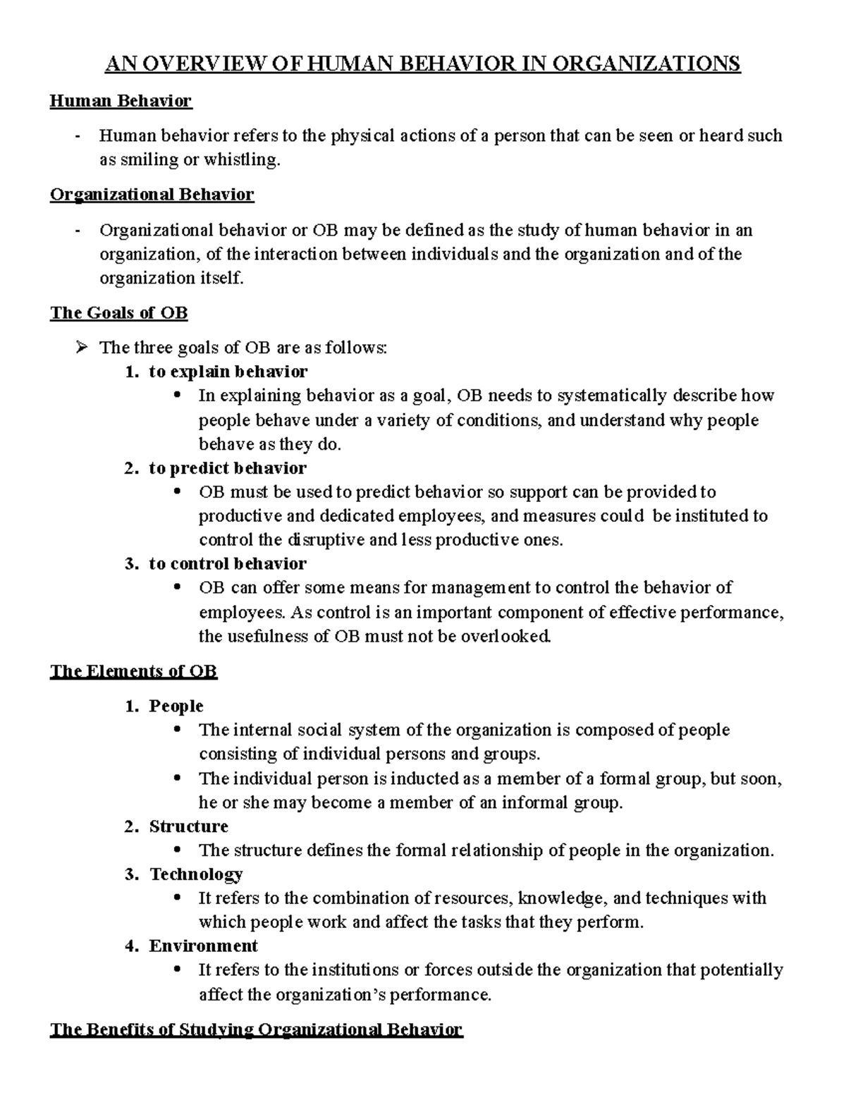 HBO 101: Overview of Human Behavior in Organizations - Studocu
