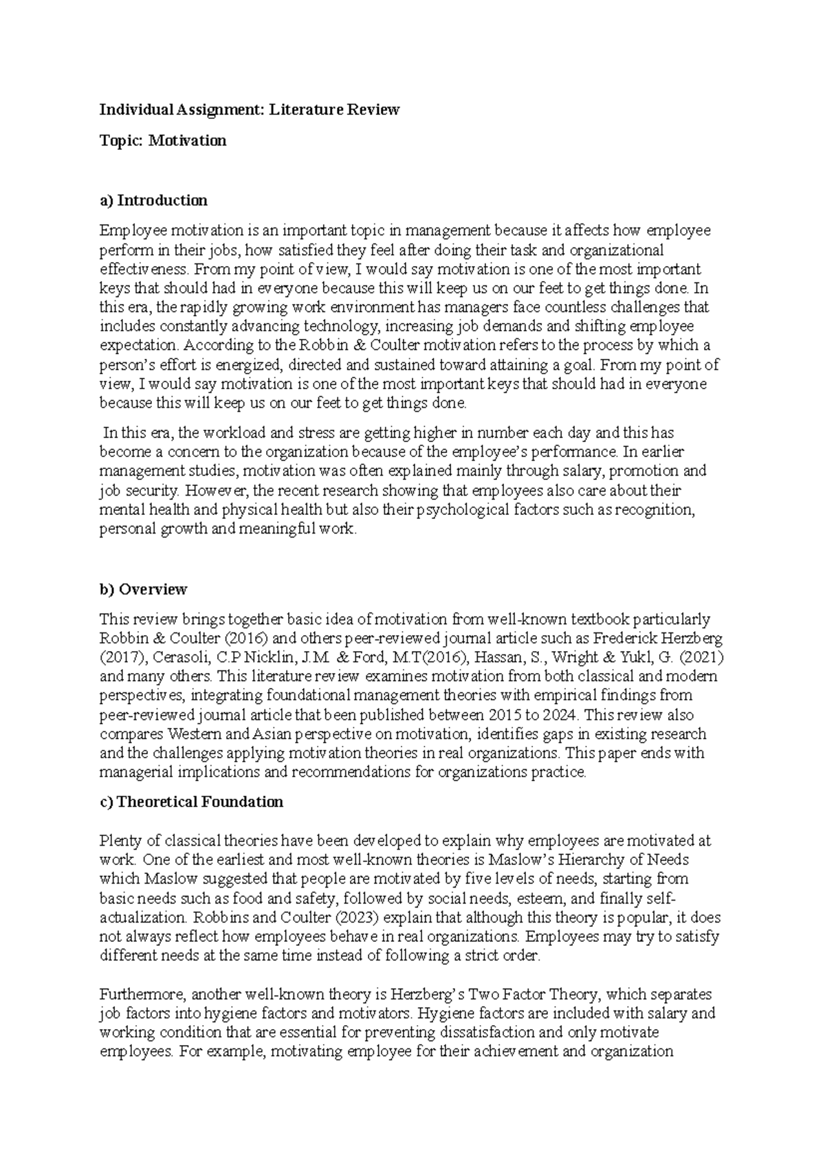 MGT 101: Literature Review on Employee Motivation and Theories - Studocu