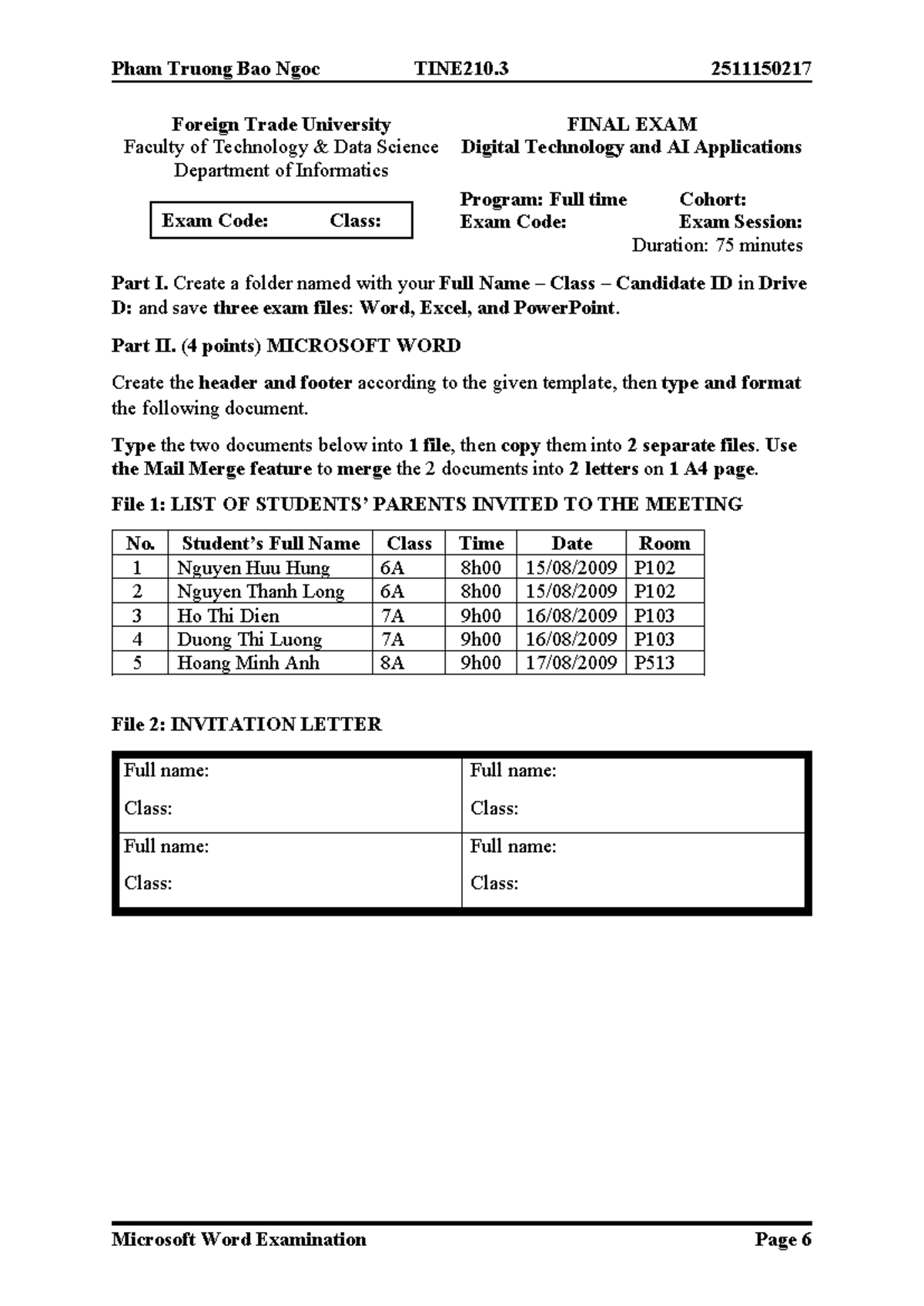 TINE210.3 Final Exam: Microsoft Word Practice and Mail Merge Techniques ...