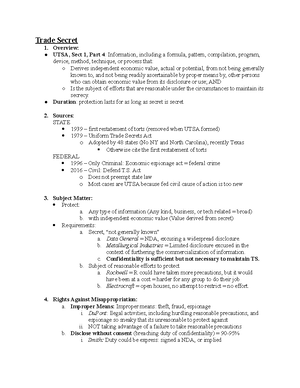 Intellectual Property Survey - Final Prep Outline - I. Trade Secret Law ...
