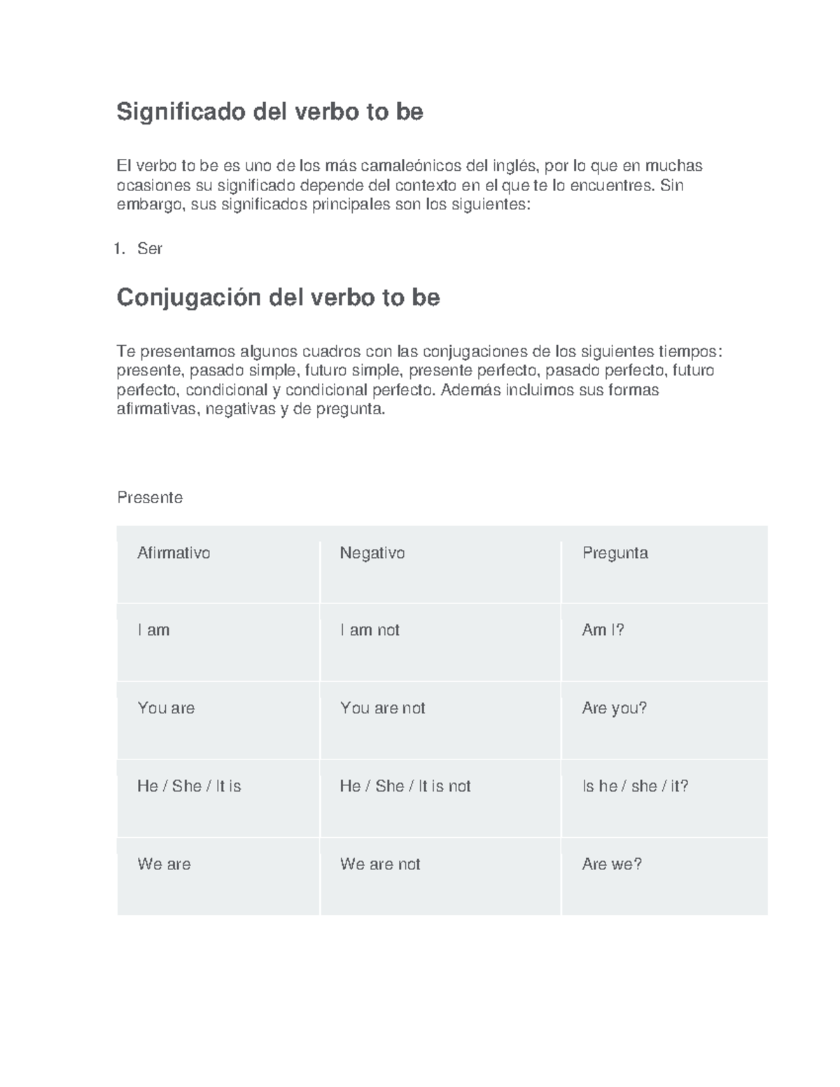 Significado y Conjugación del Verbo "To Be" en Inglés - Studocu